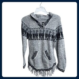 APAZA Alpaca Blend Hooded Poncho‎ Sweater Gray Black Pattern Fringe Women